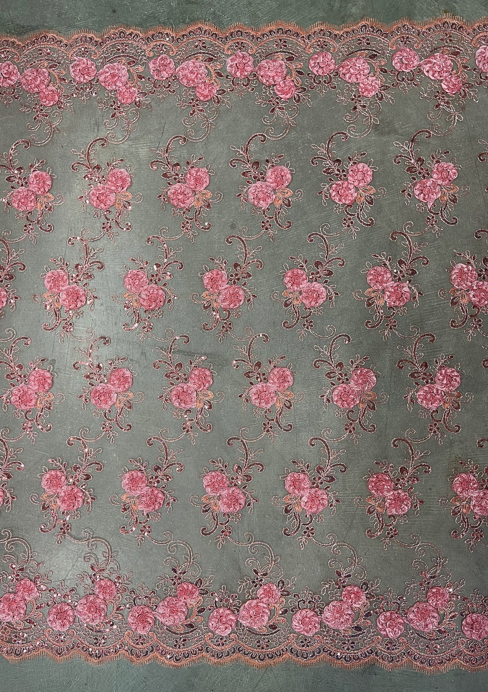 Ryleigh DUSTY PINK 3D Floral Embroidery with Foil & Sequins on CORAL Mesh Lace Fabric by the Yard - 10010