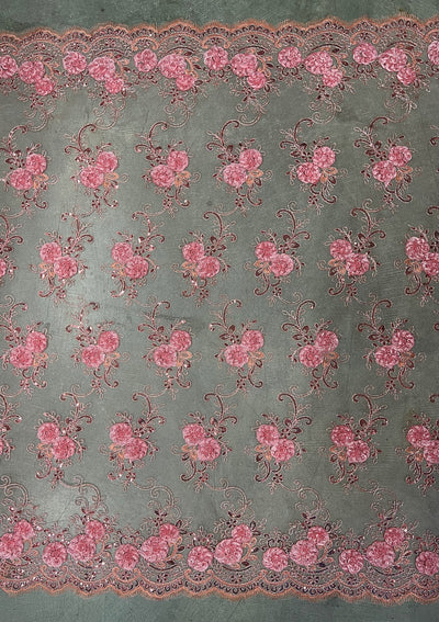 Ryleigh DUSTY PINK 3D Floral Embroidery with Foil & Sequins on CORAL Mesh Lace Fabric by the Yard - 10010