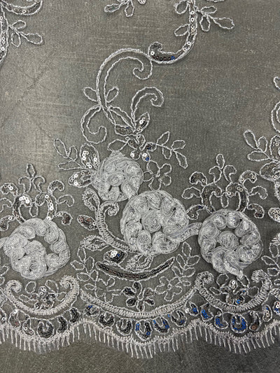 Ryleigh WHITE 3D Floral Embroidery with Foil & Sequins on Mesh Lace Fabric by the Yard - 10010