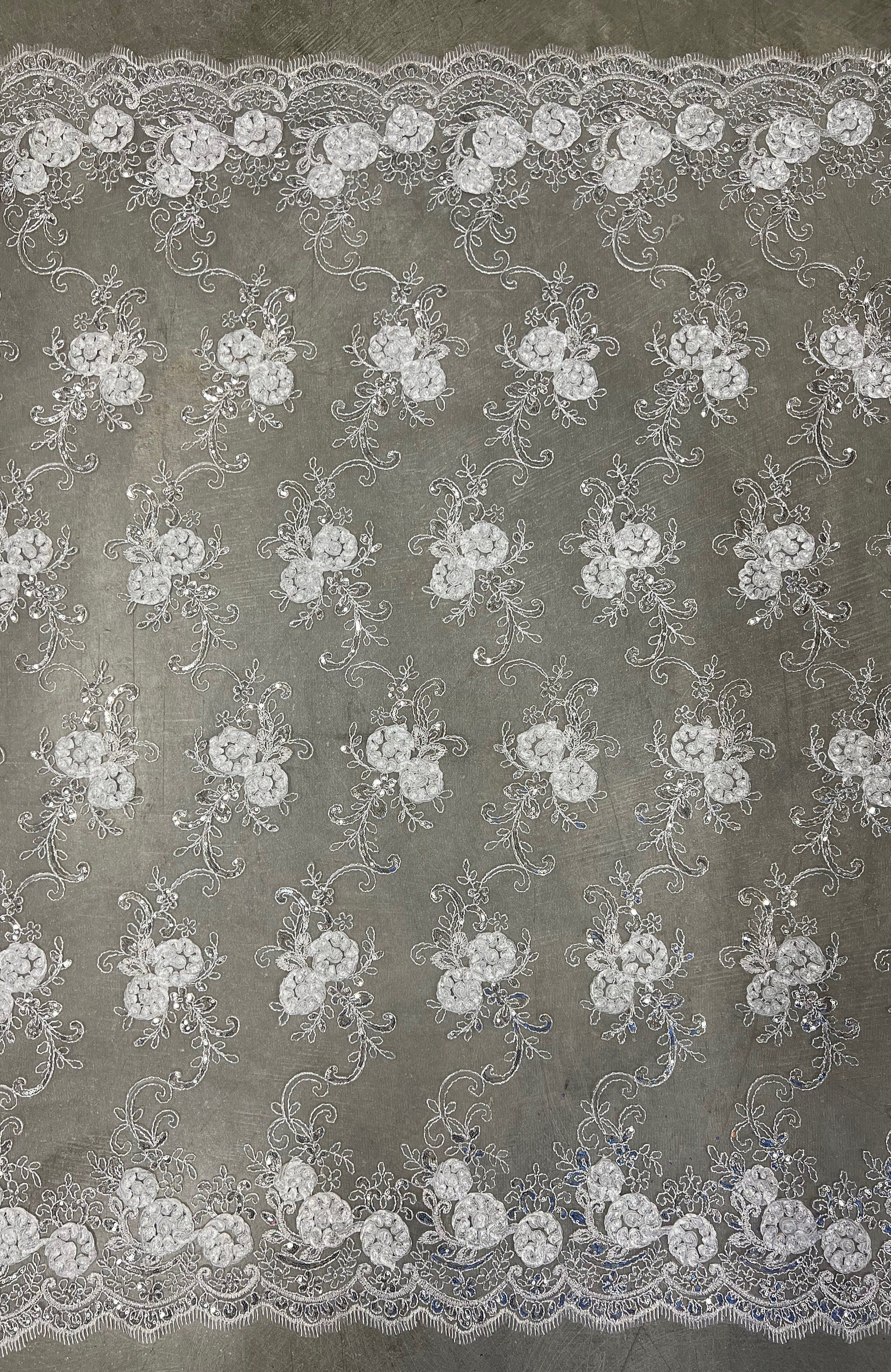 Ryleigh WHITE 3D Floral Embroidery with Foil & Sequins on Mesh Lace Fabric by the Yard - 10010
