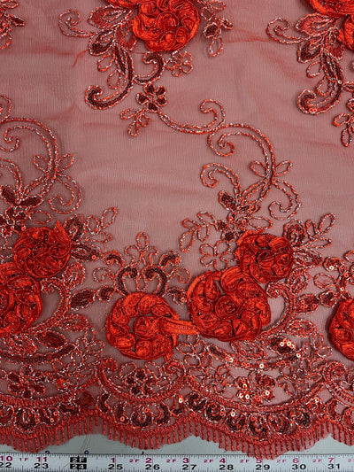 Ryleigh RED 3D Floral Embroidery with Foil & Sequins on Mesh Lace Fabric by the Yard - 10010