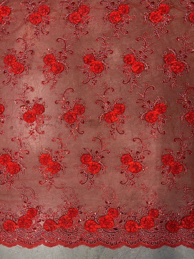 Ryleigh RED 3D Floral Embroidery with Foil & Sequins on Mesh Lace Fabric by the Yard - 10010