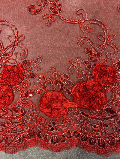 Ryleigh RED 3D Floral Embroidery with Foil & Sequins on Mesh Lace Fabric by the Yard - 10010