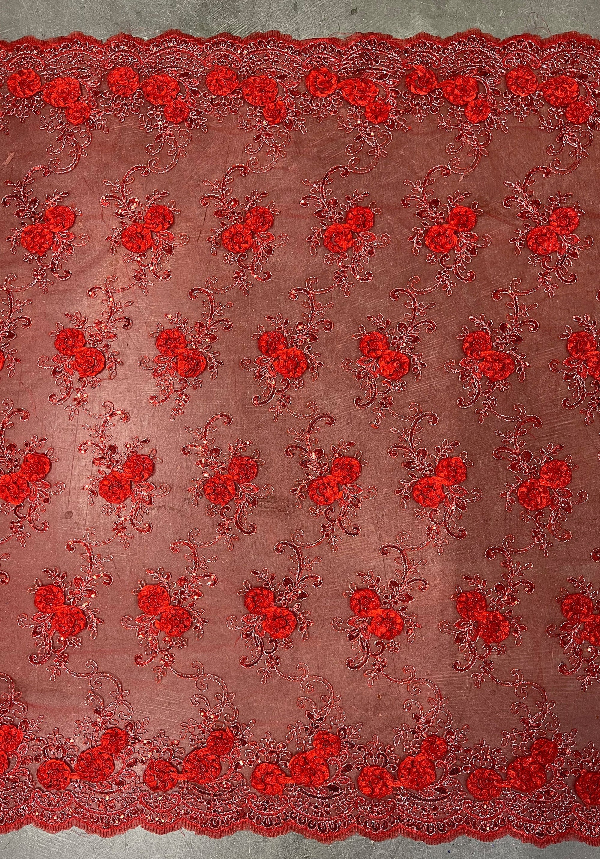 Ryleigh RED 3D Floral Embroidery with Foil & Sequins on Mesh Lace Fabric by the Yard - 10010