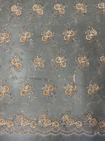Ryleigh CHAMPAGNE 3D Floral Embroidery with Foil & Sequins on Mesh Lace Fabric by the Yard - 10010