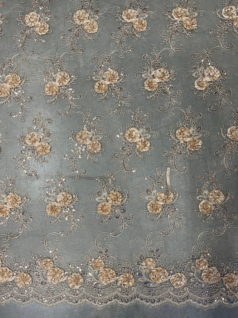 Ryleigh CHAMPAGNE 3D Floral Embroidery with Foil & Sequins on Mesh Lace Fabric by the Yard - 10010