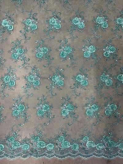Ryleigh TIFFI BLUE 3D Floral Embroidery with Foil & Sequins on Mesh Lace Fabric by the Yard - 10010