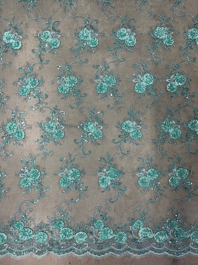 Ryleigh TIFFI BLUE 3D Floral Embroidery with Foil & Sequins on Mesh Lace Fabric by the Yard - 10010