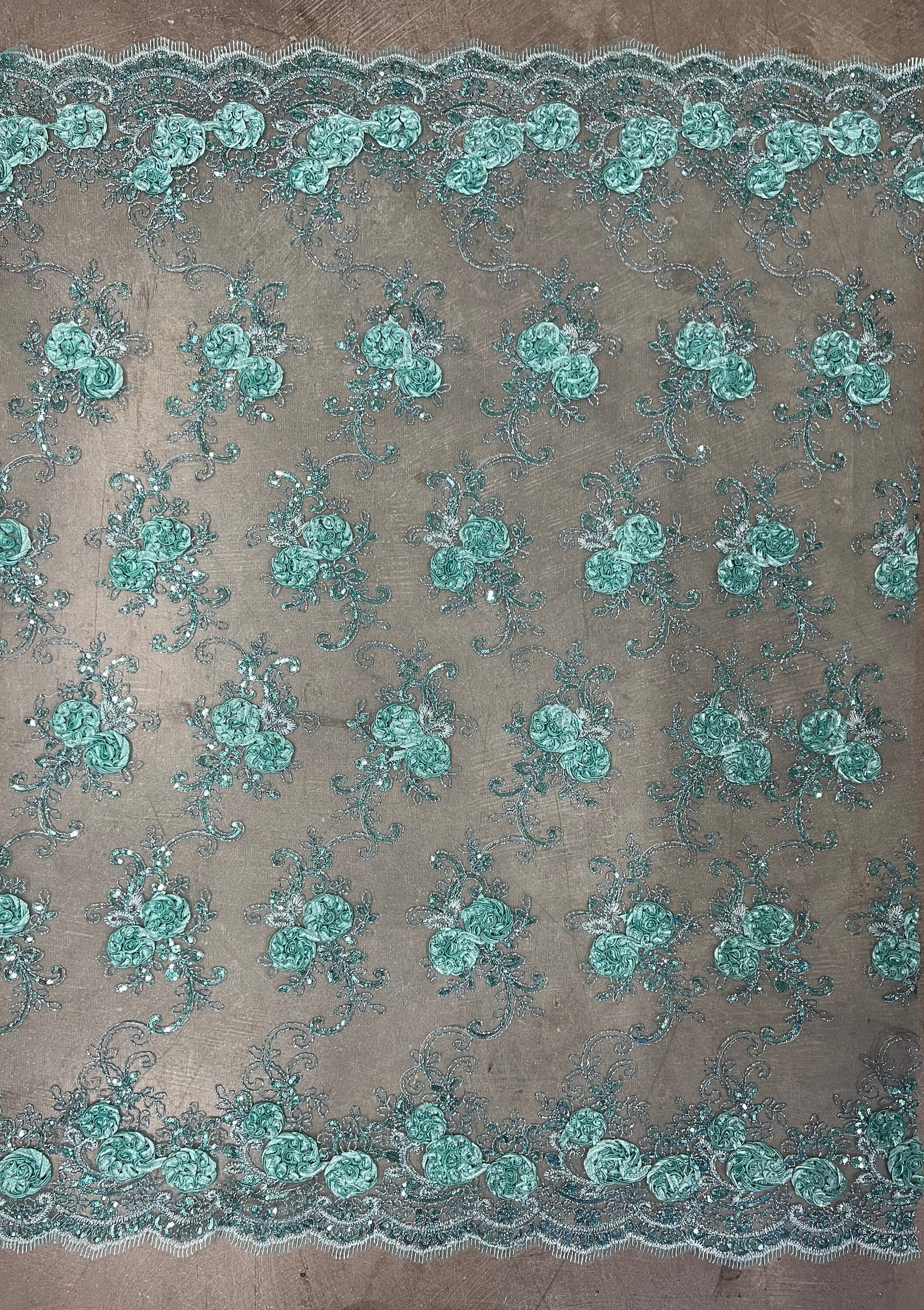 Ryleigh TIFFI BLUE 3D Floral Embroidery with Foil & Sequins on Mesh Lace Fabric by the Yard - 10010