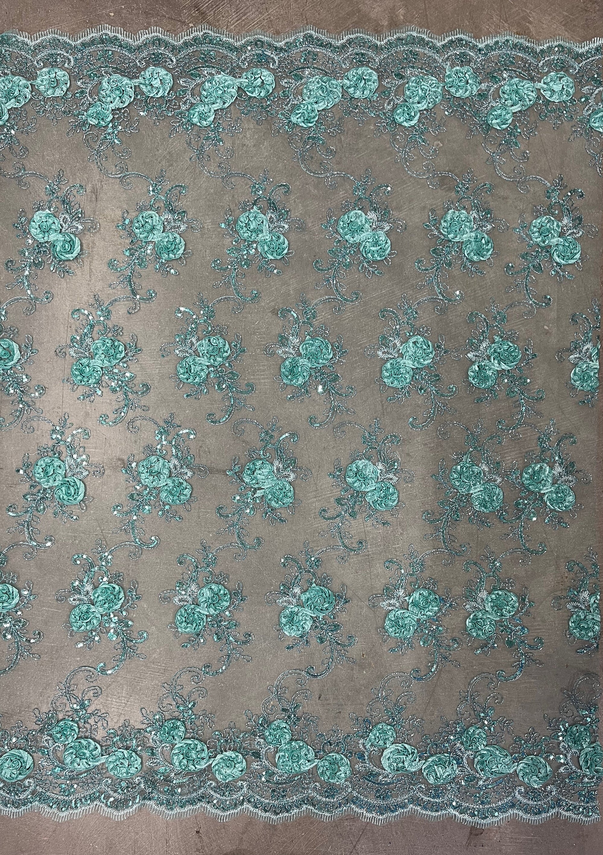 Ryleigh TIFFI BLUE 3D Floral Embroidery with Foil & Sequins on Mesh Lace Fabric by the Yard - 10010