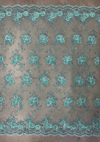 Ryleigh TIFFI BLUE 3D Floral Embroidery with Foil & Sequins on Mesh Lace Fabric by the Yard - 10010