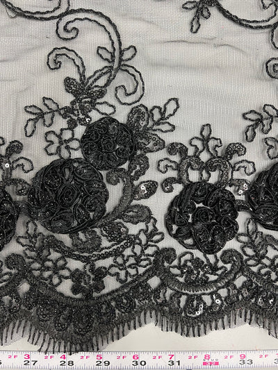 Ryleigh BLACK 3-D Floral Embroidery with Foil & Sequins on Mesh Lace Fabric by the Yard - 10010