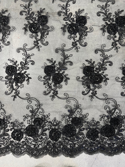 Ryleigh BLACK 3-D Floral Embroidery with Foil & Sequins on Mesh Lace Fabric by the Yard - 10010