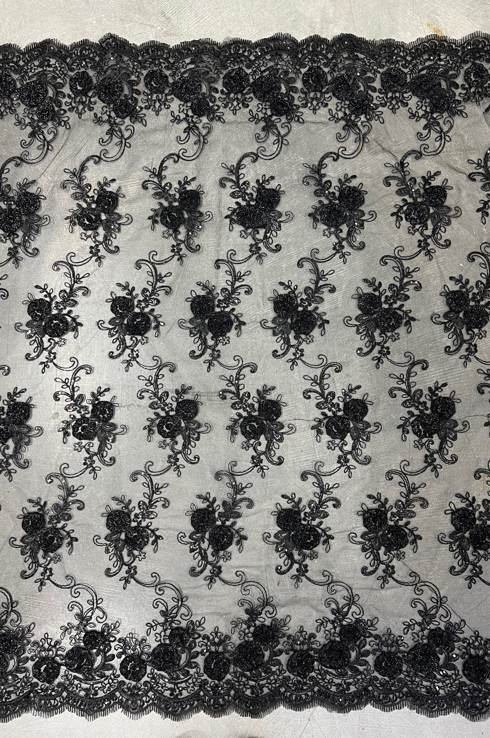 Ryleigh BLACK 3-D Floral Embroidery with Foil & Sequins on Mesh Lace Fabric by the Yard - 10010