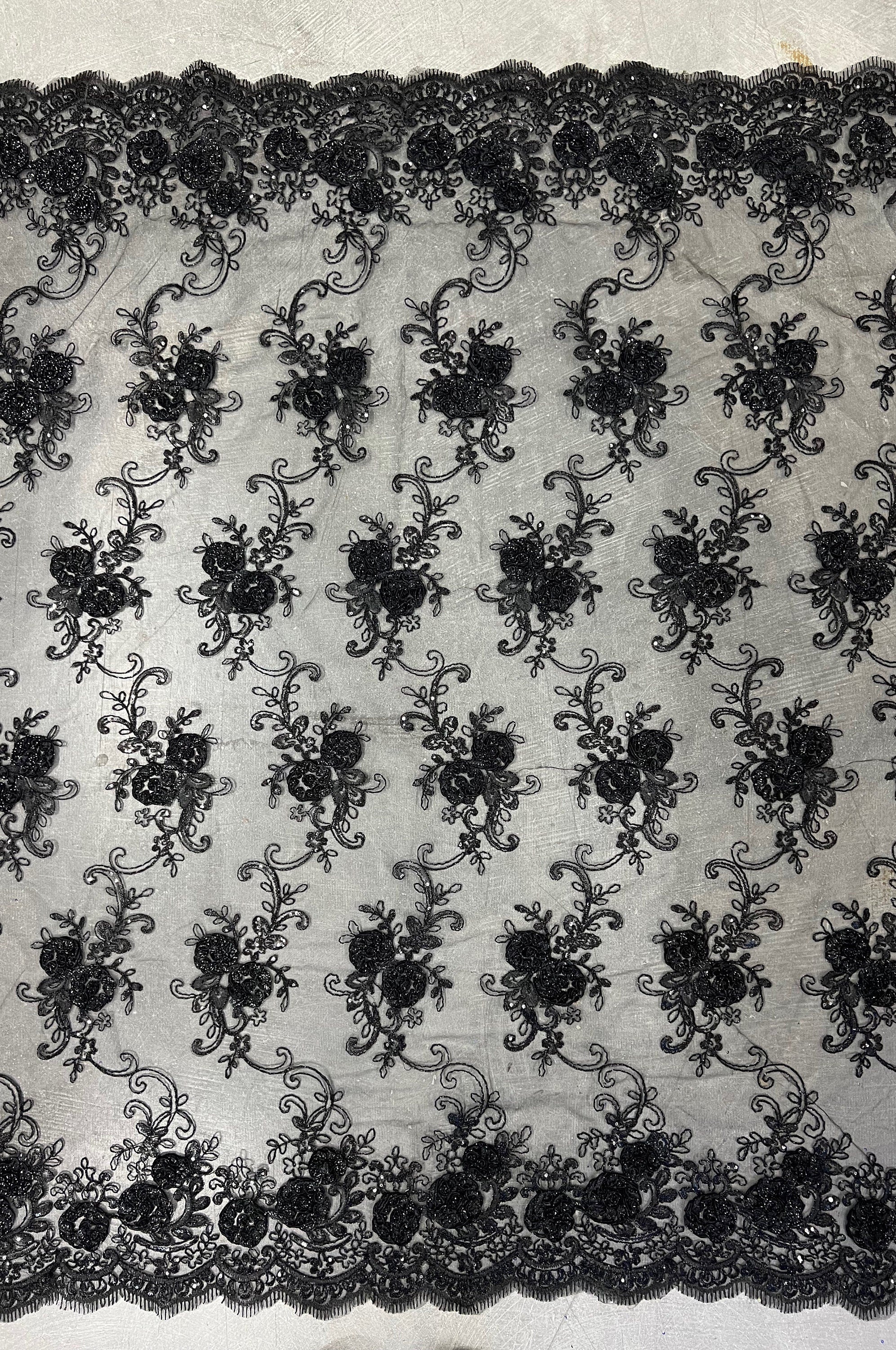 Ryleigh BLACK 3-D Floral Embroidery with Foil & Sequins on Mesh Lace Fabric by the Yard - 10010
