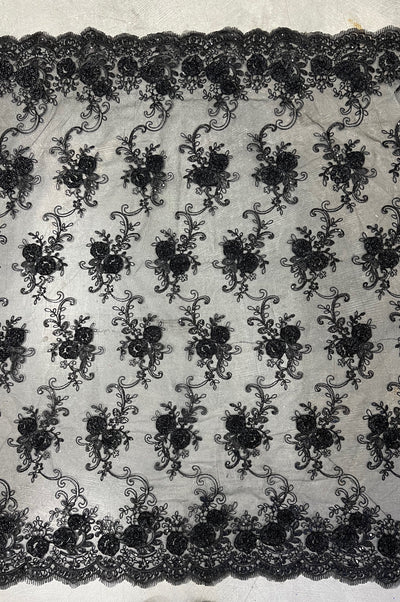Ryleigh BLACK 3-D Floral Embroidery with Foil & Sequins on Mesh Lace Fabric by the Yard - 10010