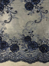 Ryleigh NAVY BLUE 3D Floral Embroidery with Foil & Sequins on Mesh Lace Fabric by the Yard - 10010