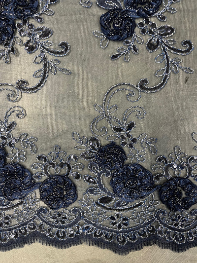 Ryleigh NAVY BLUE 3D Floral Embroidery with Foil & Sequins on Mesh Lace Fabric by the Yard - 10010