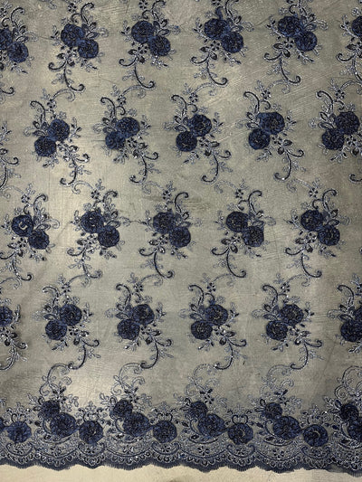 Ryleigh NAVY BLUE 3D Floral Embroidery with Foil & Sequins on Mesh Lace Fabric by the Yard - 10010