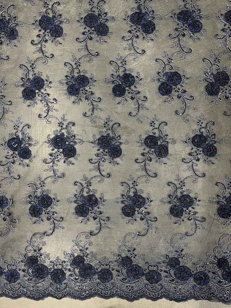 Ryleigh NAVY BLUE 3D Floral Embroidery with Foil & Sequins on Mesh Lace Fabric by the Yard - 10010