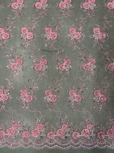 Ryleigh BABY PINK 3D Floral Embroidery with Foil & Sequins on Mesh Lace Fabric by the Yard - 10010