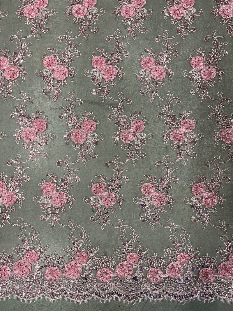 Ryleigh BABY PINK 3D Floral Embroidery with Foil & Sequins on Mesh Lace Fabric by the Yard - 10010