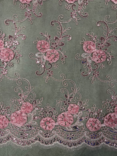 Ryleigh BABY PINK 3D Floral Embroidery with Foil & Sequins on Mesh Lace Fabric by the Yard - 10010