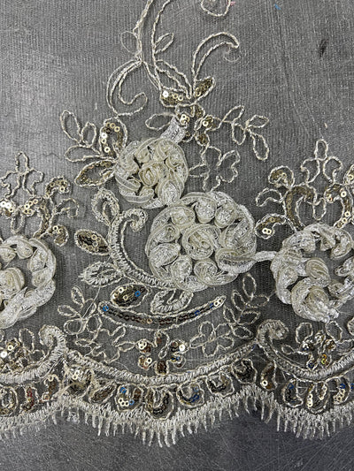 Ryleigh IVORY 3D Floral Embroidery with Foil & Sequins on Mesh Lace Fabric by the Yard - 10010