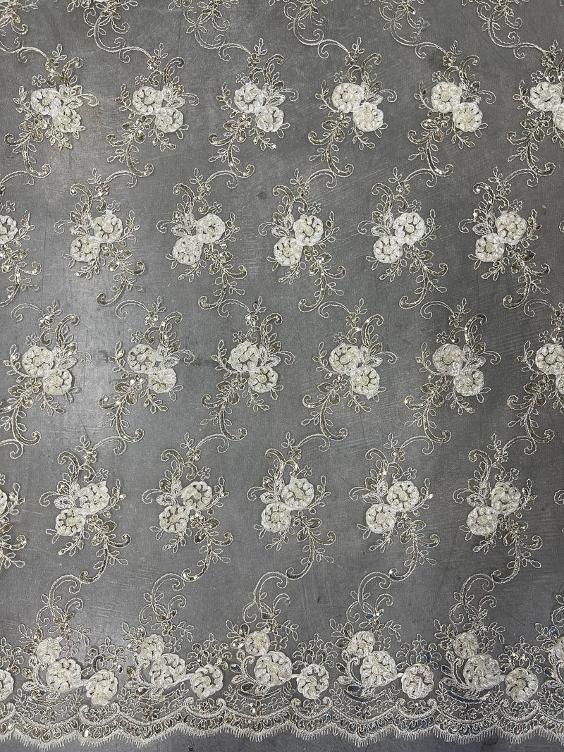 Ryleigh IVORY 3D Floral Embroidery with Foil & Sequins on Mesh Lace Fabric by the Yard - 10010
