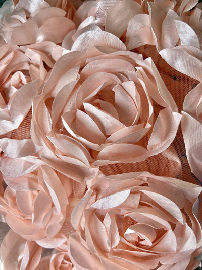 Maci BLUSH PEACH 3D Floral Polyester Satin Rosette on Mesh Fabric by the Yard - 10057