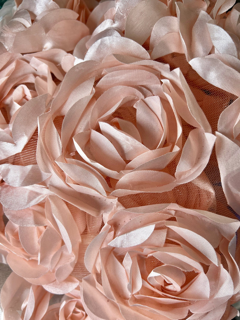 Maci BLUSH PEACH 3D Floral Polyester Satin Rosette on Mesh Fabric by the Yard - 10057