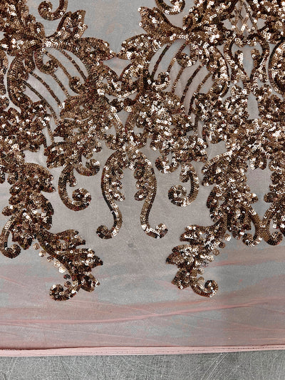 Angelica BRONZE Curlicues and Leaves Sequins on DUSTY ROSE Mesh Lace Fabric by the Yard - 10132