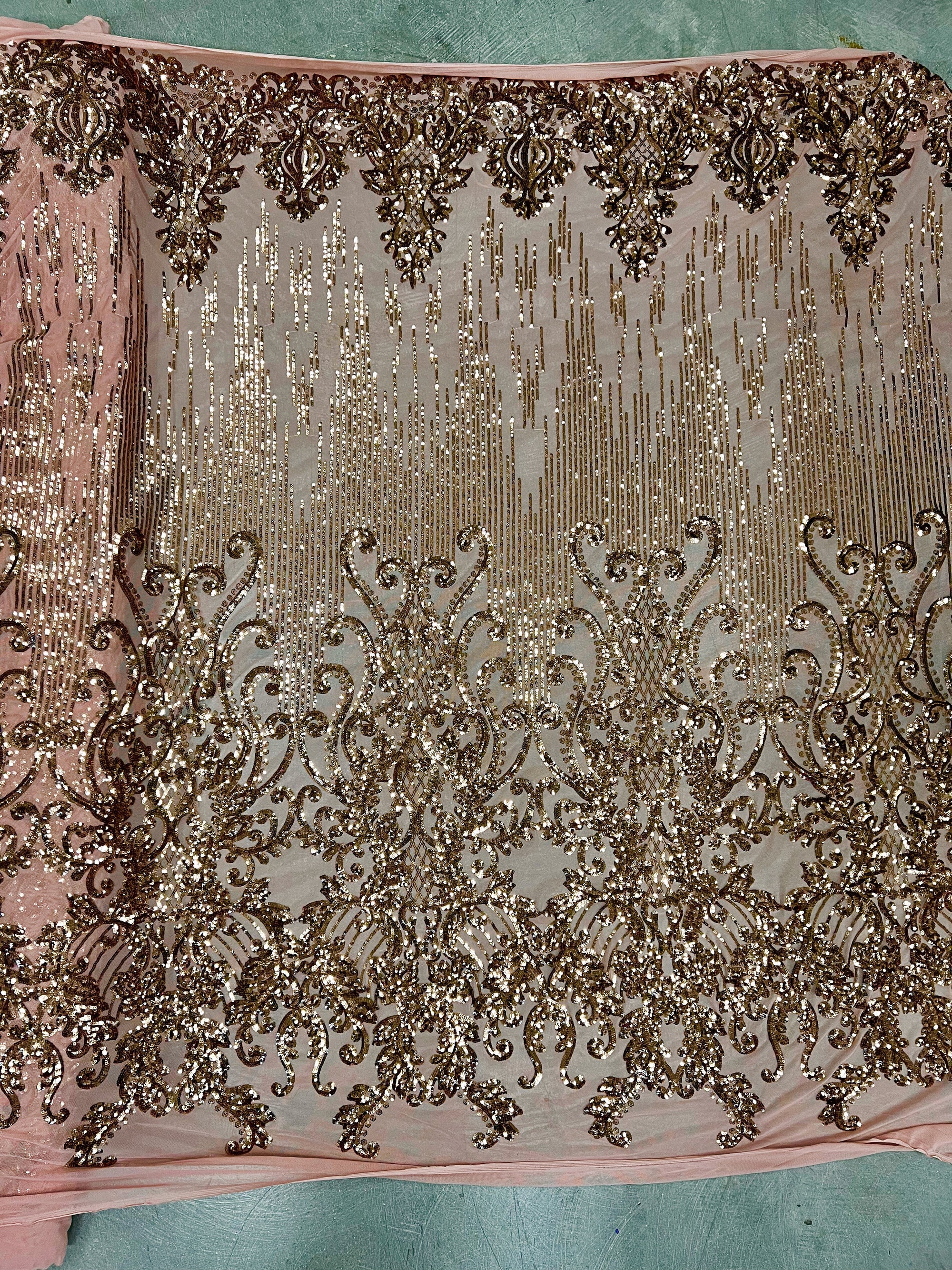 Angelica BRONZE Curlicues and Leaves Sequins on DUSTY ROSE Mesh Lace Fabric by the Yard - 10132