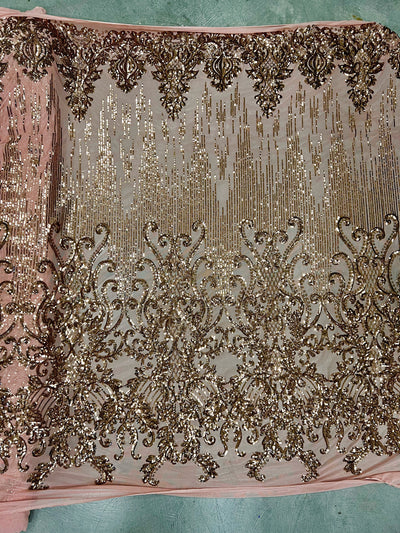 Angelica BRONZE Curlicues and Leaves Sequins on DUSTY ROSE Mesh Lace Fabric by the Yard - 10132