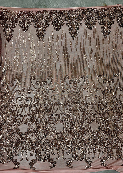 Angelica BRONZE Curlicues and Leaves Sequins on DUSTY ROSE Mesh Lace Fabric by the Yard - 10132