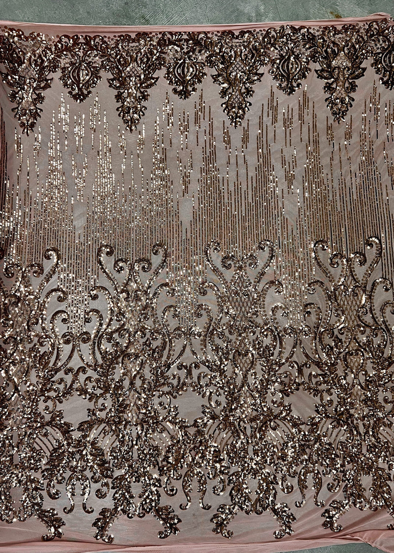 Angelica BRONZE Curlicues and Leaves Sequins on DUSTY ROSE Mesh Lace Fabric by the Yard - 10132