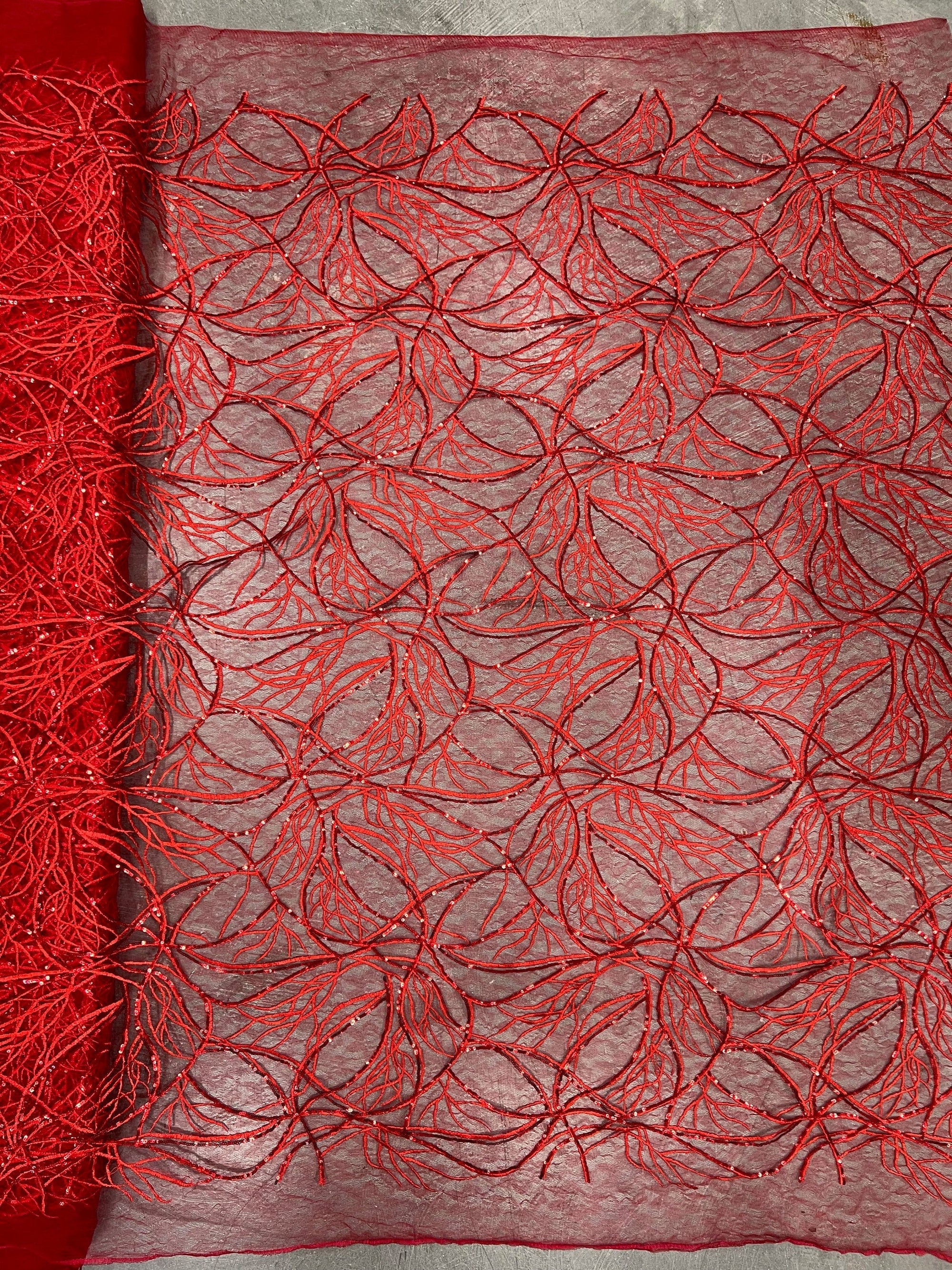 Julie RED Polyester Filament Pattern with Sequins on Mesh Lace Fabric by the Yard for Gown, Wedding, Bridesmaid, Prom - 10154