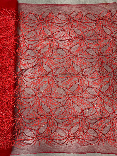 Julie RED Polyester Filament Pattern with Sequins on Mesh Lace Fabric by the Yard for Gown, Wedding, Bridesmaid, Prom - 10154