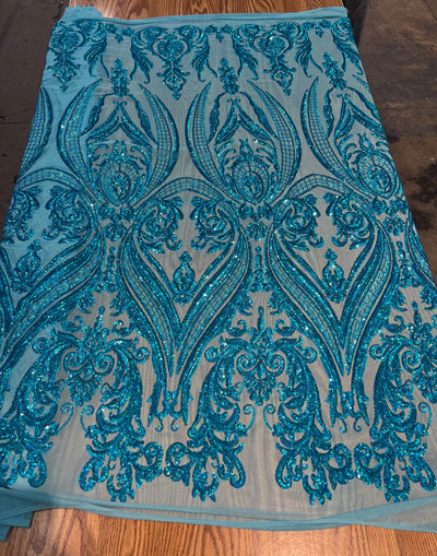 Alaina IRIDESCENT TURQUOISE Curlicue Sequins on Mesh Lace Fabric by the Yard - 10018