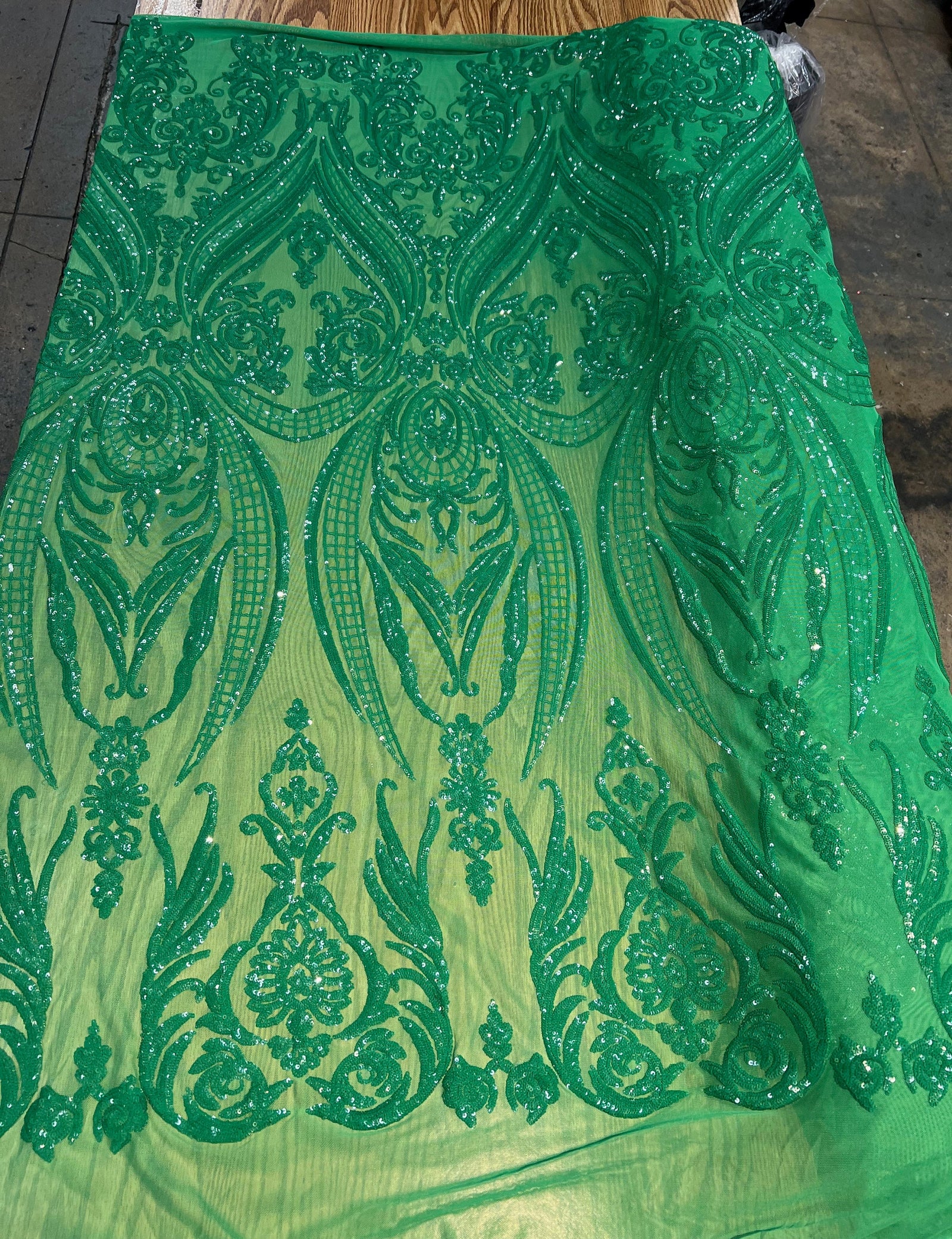 Alaina GREEN Curlicue Sequins on Mesh Lace Fabric by the Yard - 10018
