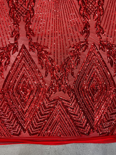 Francesca RED Vines and Diamonds Pattern Sequins on Mesh Lace Fabric by the Yard - 10130
