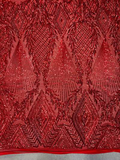 Francesca RED Vines and Diamonds Pattern Sequins on Mesh Lace Fabric by the Yard - 10130
