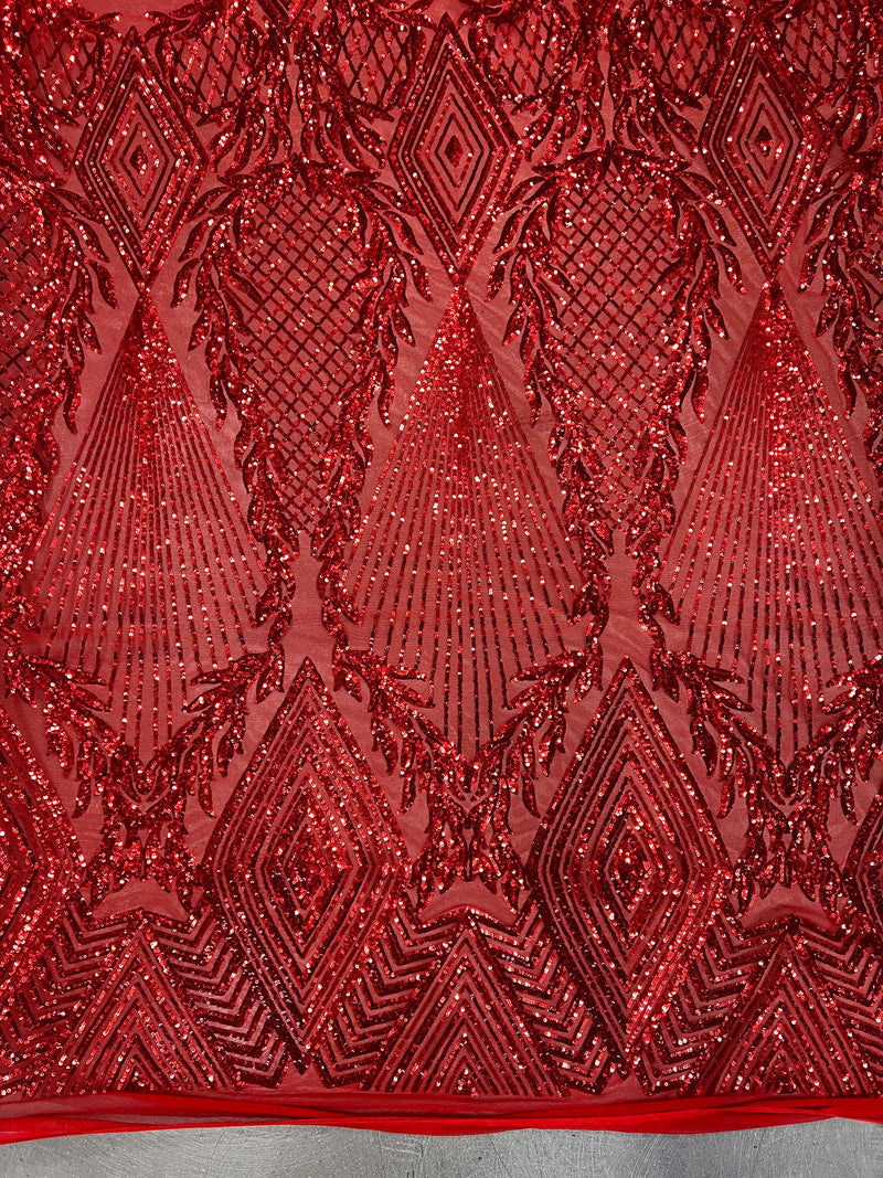 Francesca RED Vines and Diamonds Pattern Sequins on Mesh Lace Fabric by the Yard - 10130