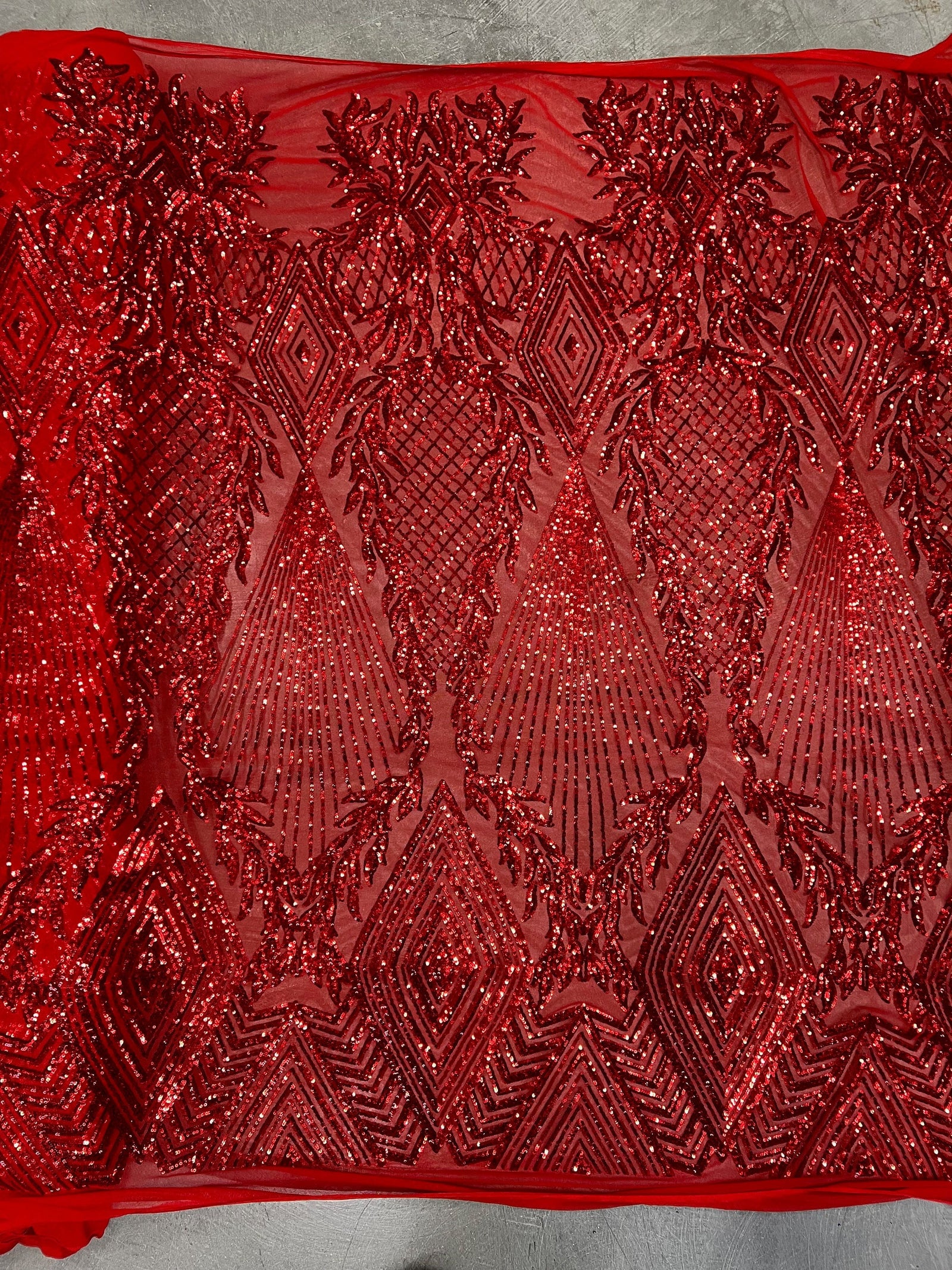 Francesca RED Vines and Diamonds Pattern Sequins on Mesh Lace Fabric by the Yard - 10130