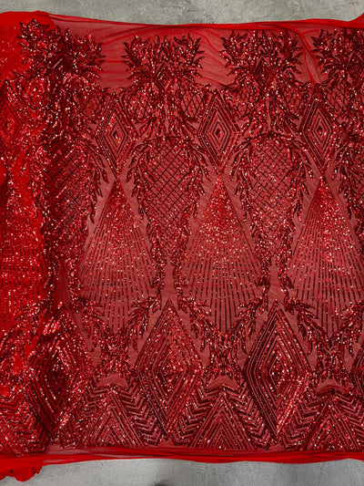 Francesca RED Vines and Diamonds Pattern Sequins on Mesh Lace Fabric by the Yard - 10130