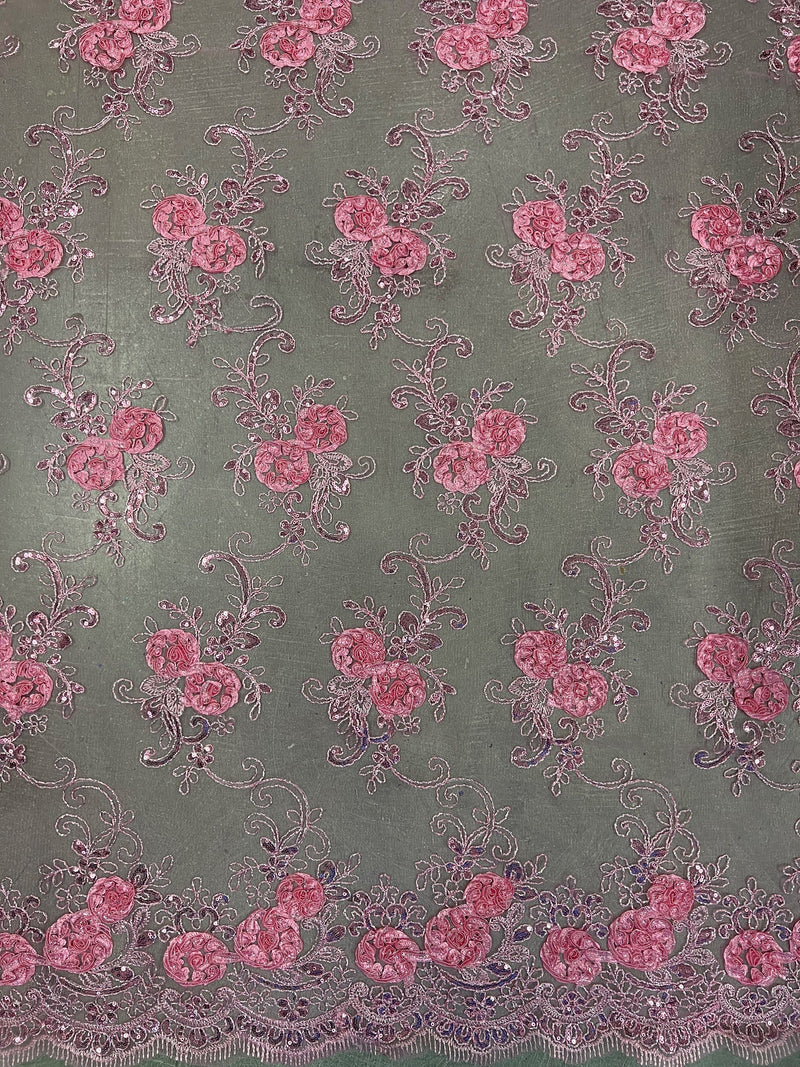 Ryleigh PINK 3D Floral Embroidery with Foil & Sequins on Mesh Lace Fabric by the Yard - 10010