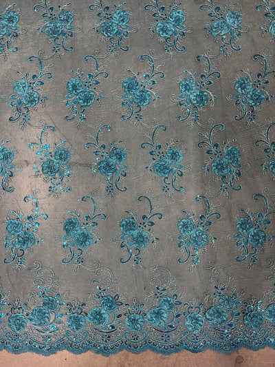 Ryleigh TURQUOISE 3D Floral Embroidery with Foil & Sequins on Mesh Lace Fabric by the Yard - 10010