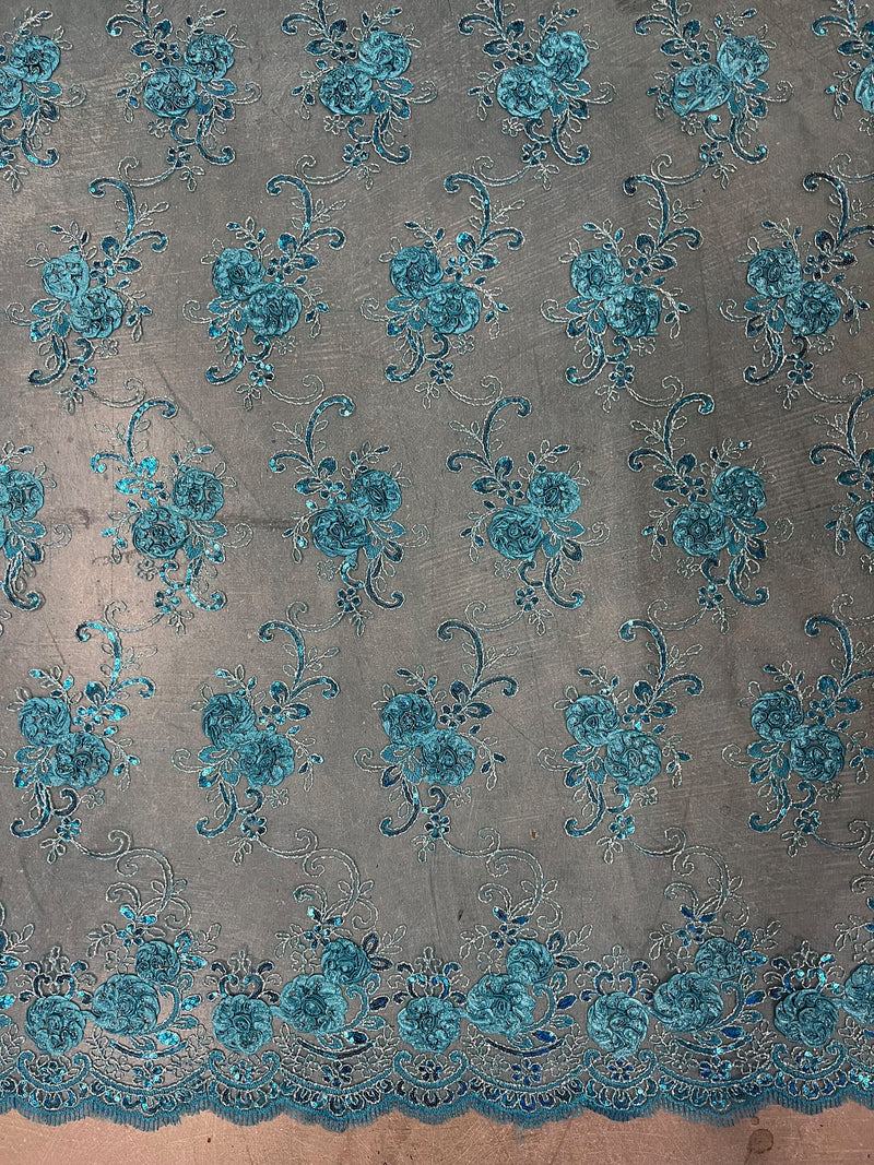 Ryleigh TURQUOISE 3D Floral Embroidery with Foil & Sequins on Mesh Lace Fabric by the Yard - 10010