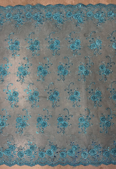 Ryleigh TURQUOISE 3D Floral Embroidery with Foil & Sequins on Mesh Lace Fabric by the Yard - 10010