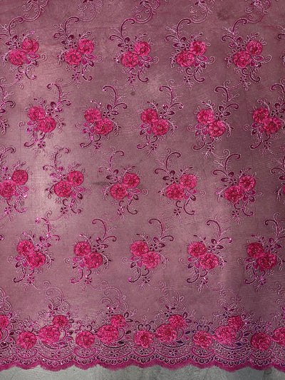 Ryleigh FUCHSIA 3D Floral Embroidery with Foil & Sequins on Mesh Lace Fabric by the Yard - 10010
